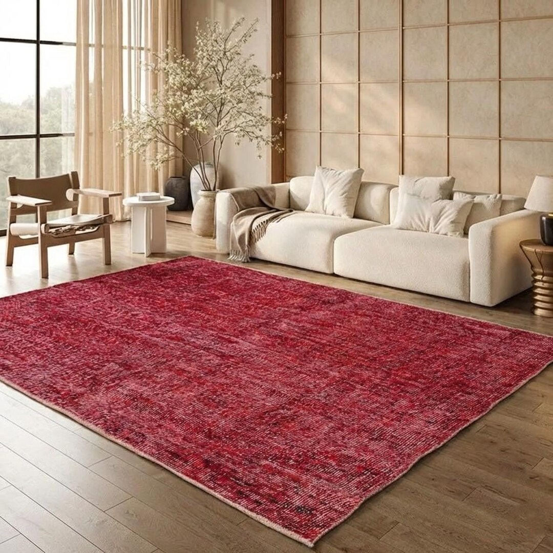 Deep Cherry Red Rug, Vintage Organic Fiber, Distressed Area Carpet, 5x4 ...