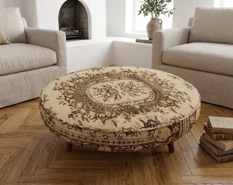 Beige Chocolate Motif Pouf | Large Round Printed Ottoman Footrest