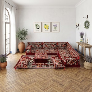 Fauteuil d'angle au sol bordeaux | Ensemble de canapé modulable traditionnel arabe Majlis