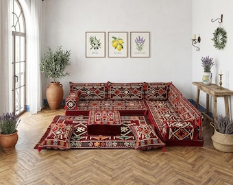 Fauteuil d'angle au sol bordeaux | Ensemble de canapé modulable traditionnel arabe Majlis