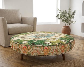 Green Distressed Round Coffee Table | Upholstered Large Boho Centerpiece Ottoman