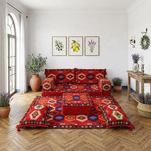 Canapé de sol tribal rouge | Ensemble de sièges modulables majlis arabes traditionnels