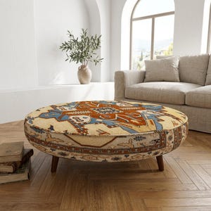 Geometric Tribal Coffee Table | Beige Blue Round Printed Ottoman Footrest