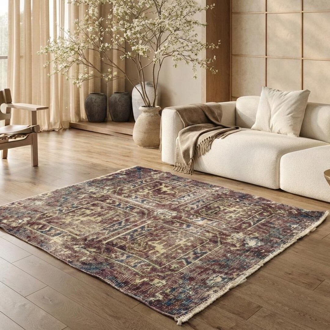 Burgundy Turkish Rug, Navy Quilted Vintage Distressed Carpet, 2.5