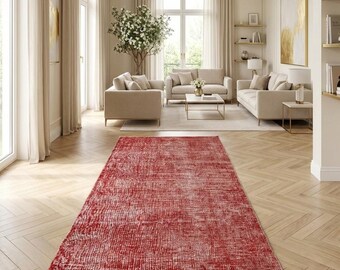 Crimson Turkish Runner, Red Overdyed Vintage Distressed Rug, 3.2x6.5 ft, DC 7773