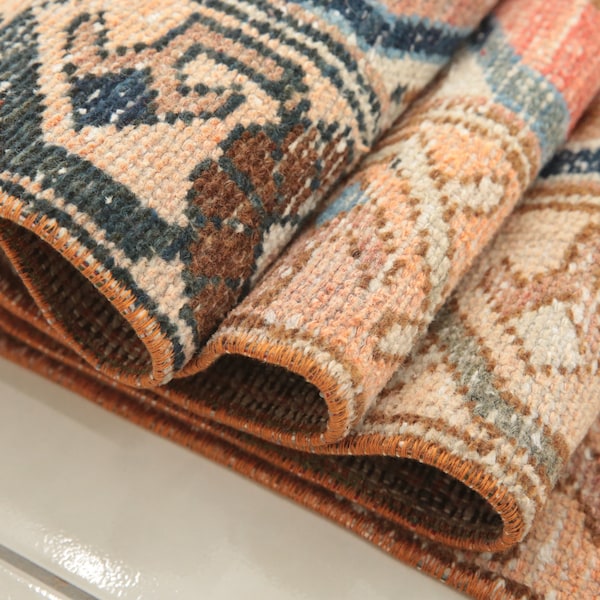 Hand knotted rug, Blush pink rug, Retro rug, Low pile rug, Cool rug, Turkish area rug, 3.5 x 8.8 ft, Vintage rug, Authentic rug, DC 1507