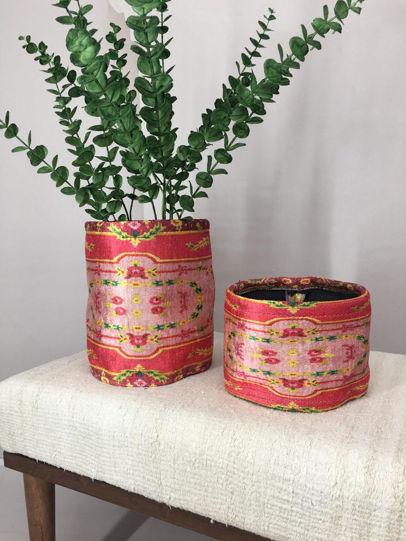 Hot Pink Floral Border Fabric Pot | Boho Desk Organizer Basket image 4