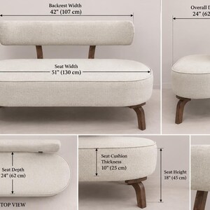 May include: A beige upholstered bench with a rounded seat and backrest on dark wooden legs. Dimensions include a 130 cm seat width, 62 cm seat depth, 45 cm seat height, 107 cm backrest width, 23 cm backrest thickness, and 78 cm overall height.