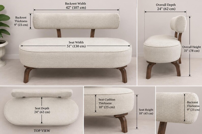 May include: A beige upholstered bench with a rounded seat and backrest on dark wooden legs. Dimensions include a 130 cm seat width, 62 cm seat depth, 45 cm seat height, 107 cm backrest width, 23 cm backrest thickness, and 78 cm overall height.