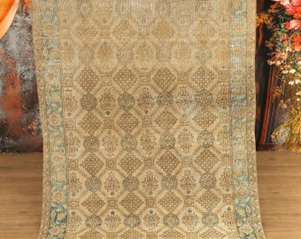 vintage oushak rug, botanical rug, low pile area rug, antique rug, rugs for living room, turkish rug, 4x6.5 ft, coastal rug, old rug, DC7236