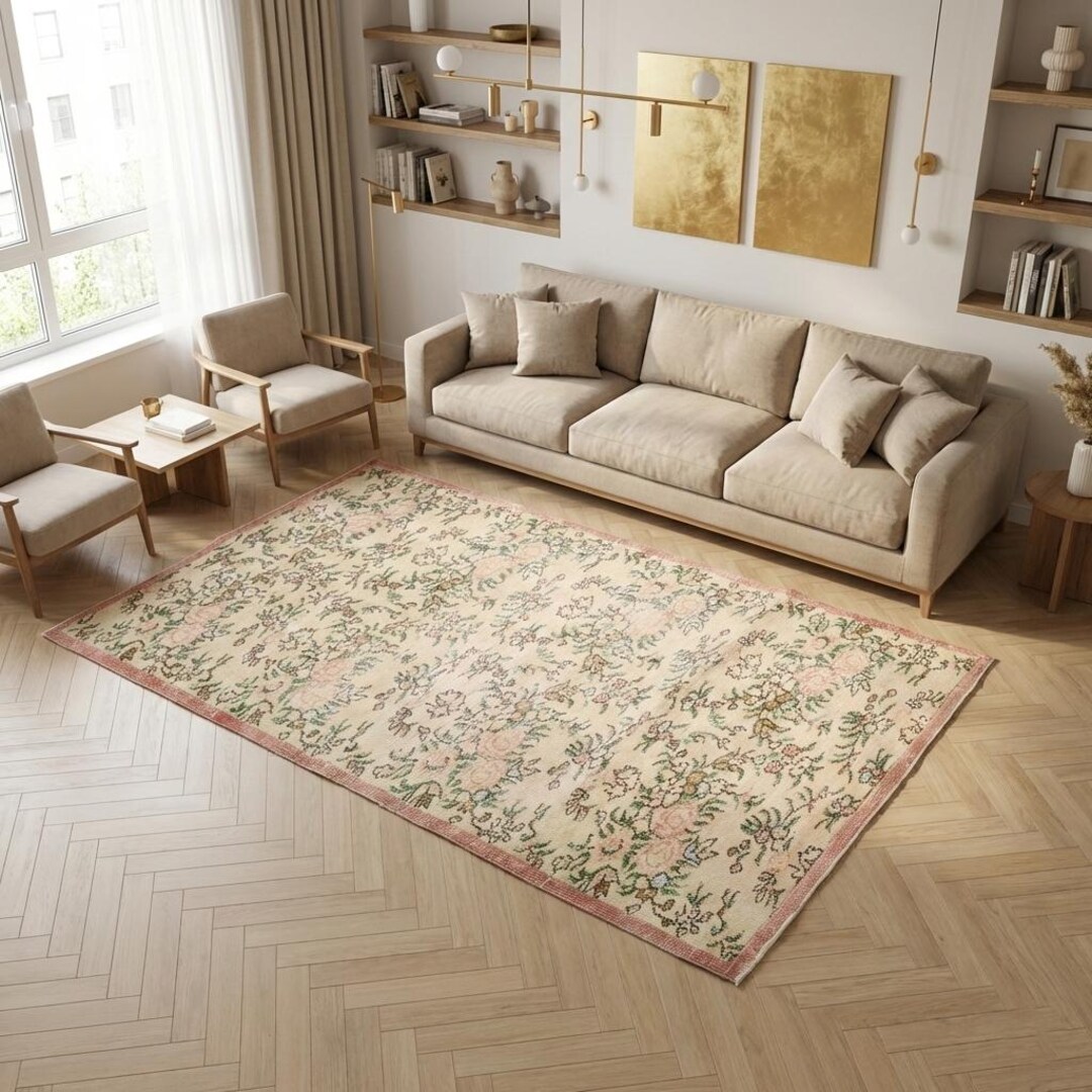 Cream Turkish Rug Cream Turkish Rug, Rose Floral Vintage Distressed Wool Rug, 4.4x7.8 Ft ...