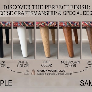 a collection of five different colored wooden legs, each with a corresponding color sample. The legs are arranged in a grid, with each row representing a different color. The text above the image reads "Discover the perfect finish: precise craftsmanship & special design" and below the image, it says "SAMPLE". The text below the sample includes "STURDY WOODEN Legs Stable & Durable Conical Design".