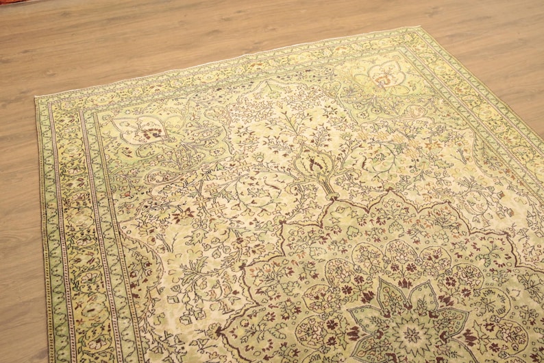 genuine wool rug, sage green rug, oriental rug, saloon rug, turkish handmade rug, wedding rug, 6.6x9.7 ft, vintage rug, large rug, DC 6816