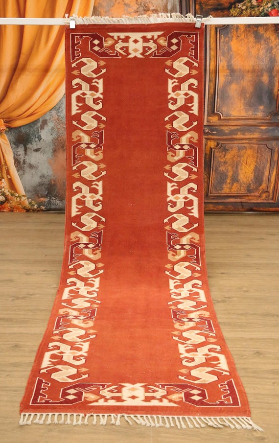 burnt orange rug, bordered rug, new looking rug, excellent runner rug, vintage rug, cultural decor rug, 2.9x9.3 ft, nomadic rug, DC 7169