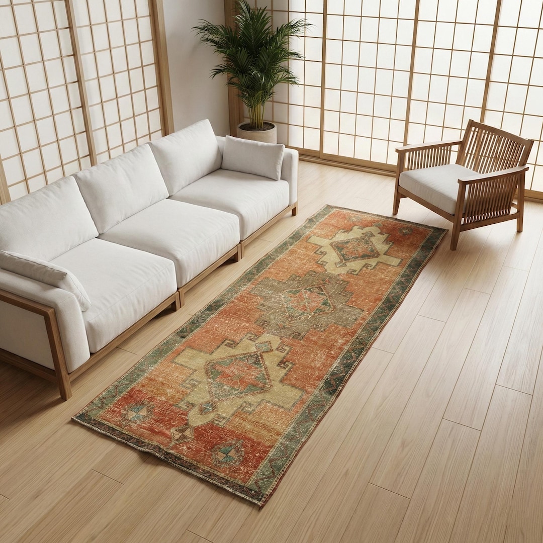 Vintage Terracotta Turkish Runner, Tribal Sage Wool Area Rug, 4.3