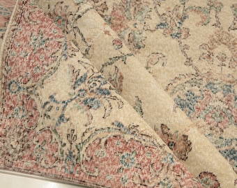 rugs for living room, adorable rug, minimal rug, turkish oushak rug, floral design rug, vintage rug, 6.5 x 10.3 ft, antique rug, DC 4383
