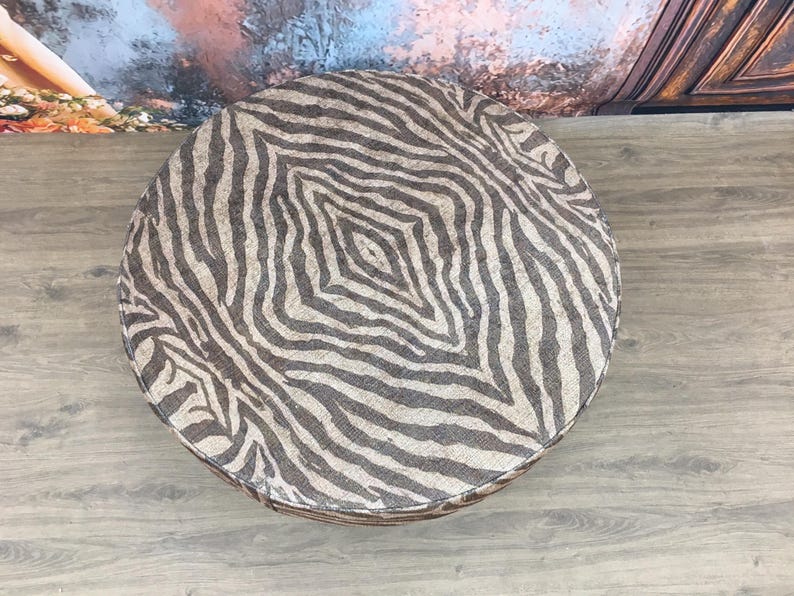 Modern mid table, Round floor table, Ottoman coffee table, Brown zebra bench, Handmade furniture, Stylish saloon decor, Chic table, DCY 765