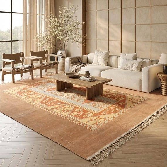 Terracotta Orange Turkish Rug, Blue Medallion Wool Carpet, Boho