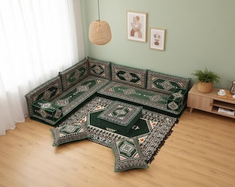 Emerald Green Arabic Floor Seating | Geometric Traditional Majlis Couch Set