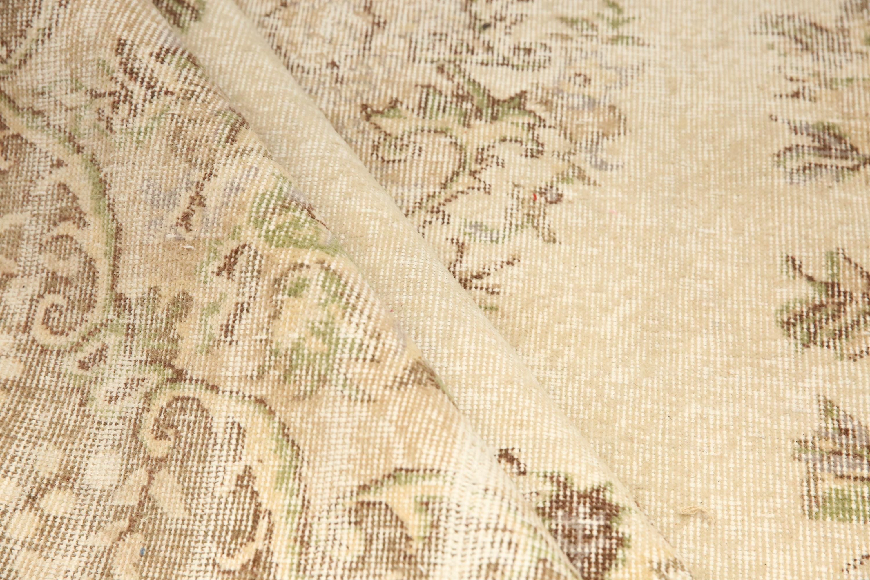 Faded Cream Vintage Rug With Green Detail | Anniversary Gift, 6.1x9.8 ...