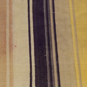May include: Close-up of a woven textile with vertical stripes. The stripes alternate in color, including shades of beige, brown, gray, navy blue, and yellow. The texture appears slightly rough, suggesting a natural fiber material.