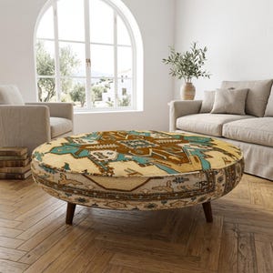 Turquoise Tribal Coffee Table | Ochre Brown Round Patterned Ottoman Footrest