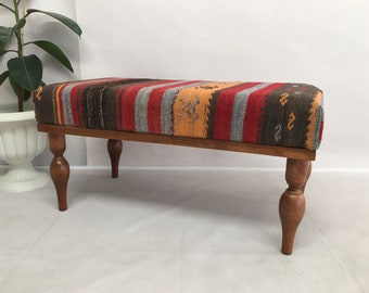 Primitive bench, Kilim covered bench, Coffee bench, Retro bench, Ottoman for bedroom, Lobby bench, Handmade furniture, Foot board, DCB 58