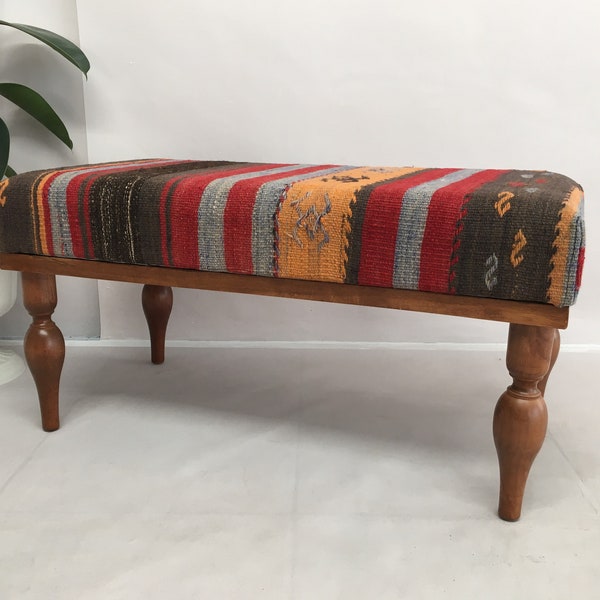 Primitive bench, Kilim covered bench, Coffee bench, Retro bench, Ottoman for bedroom, Lobby bench, Handmade furniture, Foot board, DCB 58