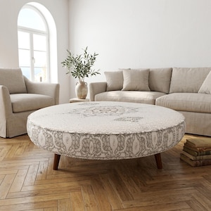 Rustic White Coffee Table | Light Green Boho Medallion Fabric Footstool