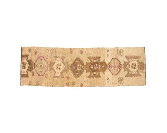 blush pink rug, organic wool rug, traditional rug, turkish oushak rug, figurative rug, vintage runner rug, entryway rug, 3.3x10.6 ft DC 7095