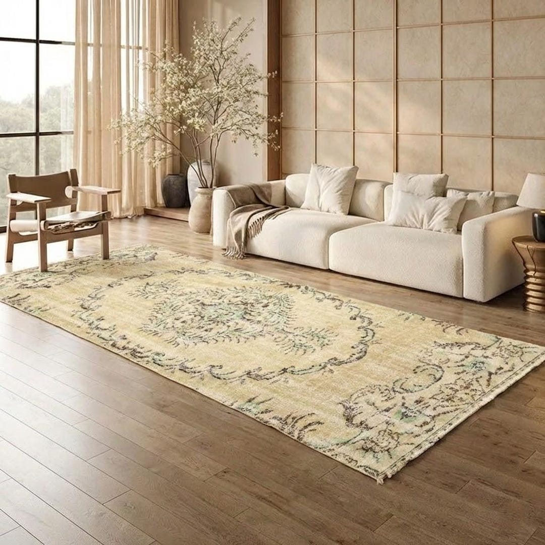Cream Turkish Rug Cream Turkish Rug, Sage Green Medallion Vintage Distressed Carpet, 3 ...