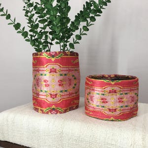 Hot Pink Floral Border Fabric Pot | Boho Desk Organizer Basket image 5