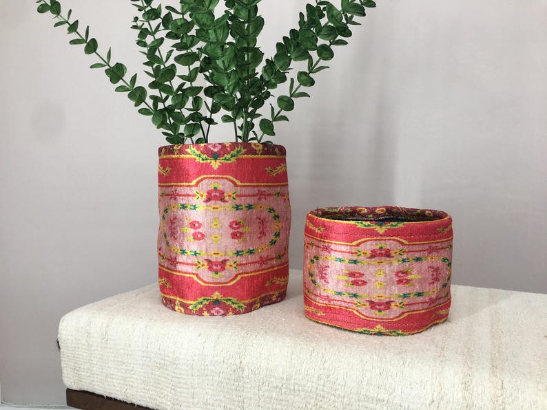 Hot Pink Floral Border Fabric Pot | Boho Desk Organizer Basket image 5