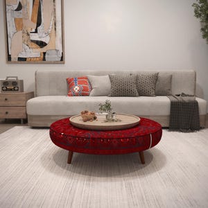 Okrągły stolik kawowy z pikowaniem, tapicerowany puf Kilim, ławka w stylu boho do salonu