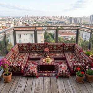 Burgundy Red Arabic Floor Seating Set | Geometric Majlis Sofa Cushions