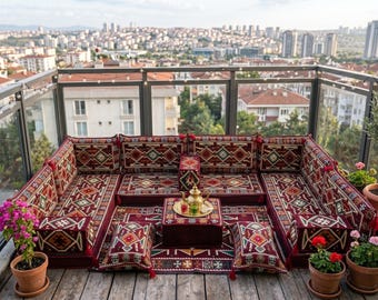 Burgundy Red Arabic Floor Seating Set | Geometric Majlis Sofa Cushions