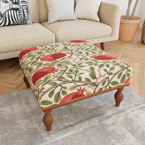 Cream Red Pomegranate Vine Ottoman Bench | Footrest and Extra Seat | Arts and Crafts Bedroom Decor