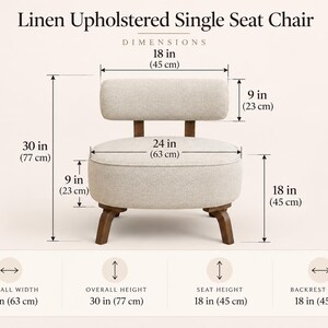 May include: A linen upholstered single seat chair with a beige cushion and dark wood legs. Dimensions are 77 cm overall height, 45 cm seat height, 63 cm overall width, and 45 cm backrest width. The backrest height is 23 cm.