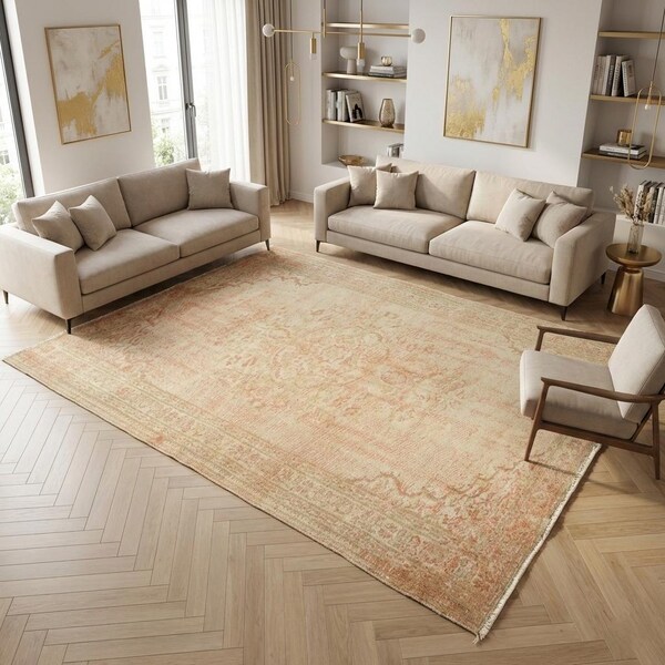 Peach Turkish Rug, Muted Sage Large Area Carpet, 4.9x7.5 ft, DC 7666