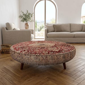 Classic Round Ottoman Table | Red Beige Floral Vintage Footstool