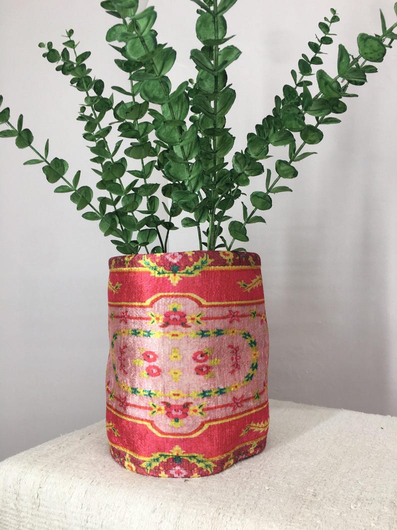 Hot Pink Floral Border Fabric Pot | Boho Desk Organizer Basket image 7