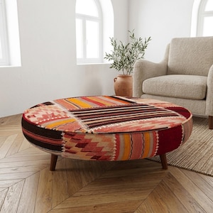 Round Patchwork Coffee Table | Bohemian Upholstered Large Kilim Ottoman Centerpiece