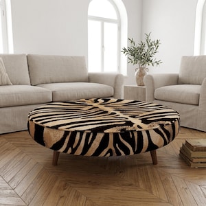 Brown Abstract Leaf Table | Exotic Patterned Round Upholstered Footrest