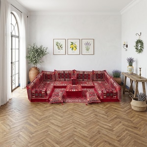 Deep Red Floor Couch | Oriental U Shaped Modular Majlis Set