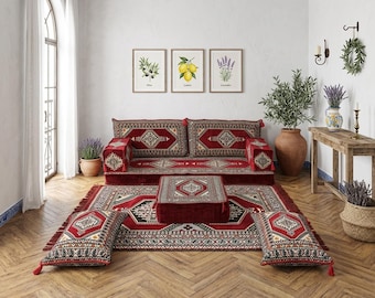 Auténtico sofá de suelo color burdeos / Pequeño conjunto de asientos tradicional árabe para majlis