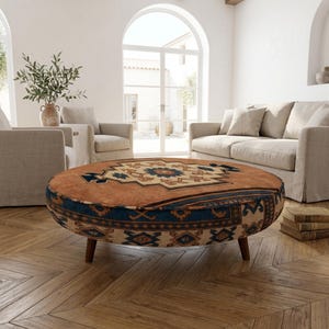 Round Medallion Center Stool | Firm Rust Blue Patterned Coffee Table