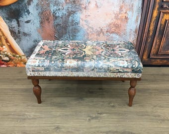 handmade bench, upholstered bench, rug printed bench, ottoman footstool, vanity stool, piano bench, dining table bench, entryway bench