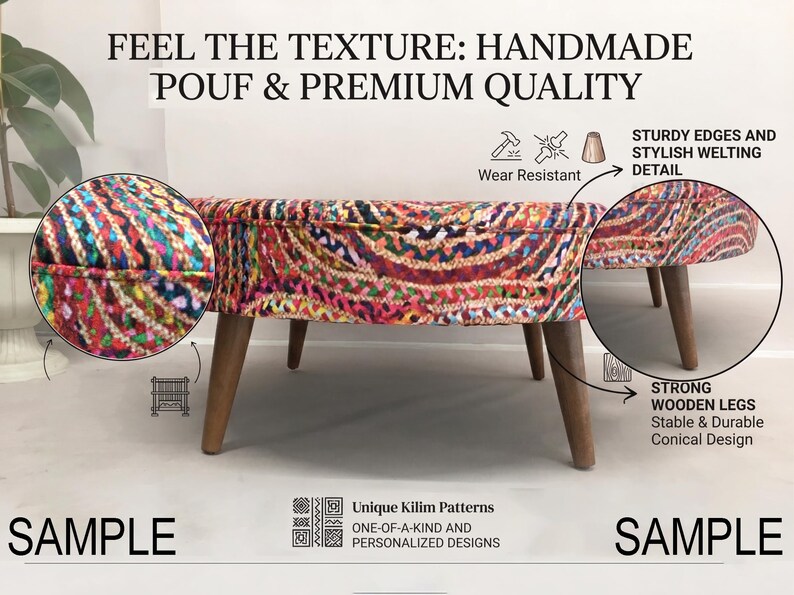 a colorful bench with a description of the features
