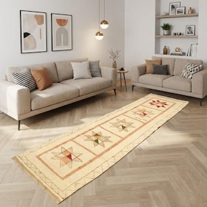 Peut inclure: Un long tapis rectangulaire beige avec un motif d'étoiles géométriques rouges, vertes et oranges. Le tapis est posé sur un parquet clair, avec deux canapés beiges et des coussins décoratifs en arrière-plan. La pièce est bien éclairée avec un décor moderne.