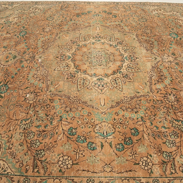orange teal rug, wedding rug, oversize rug, turkish wool rug, floral rug, vintage rug, housewarming rug, 7.7 x 10.2 ft, wool rug, DC 385